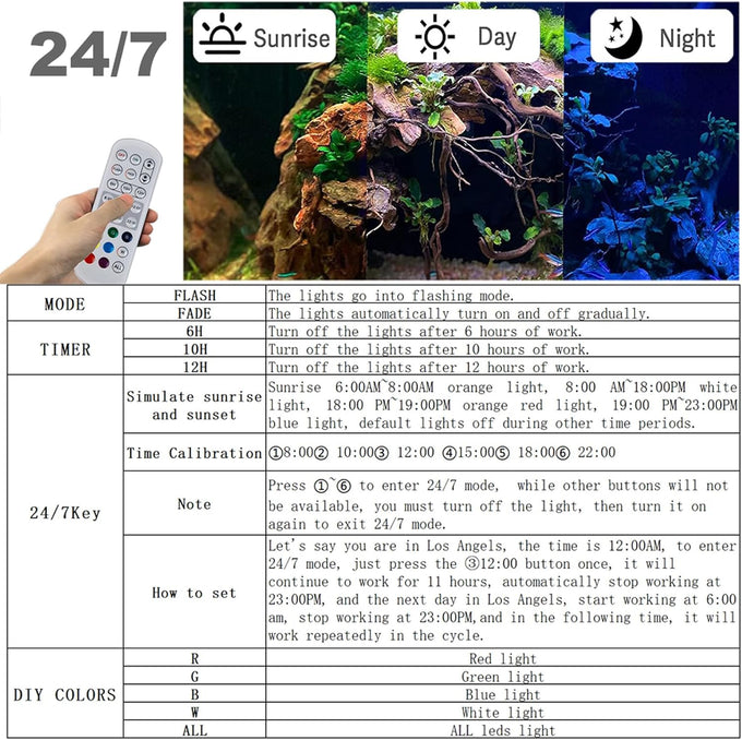 Carefree Fish Aquarium 24/7 Mode Timer Submersible LED Light with CRI 82-85, Nanometer Materials, and Air Stone