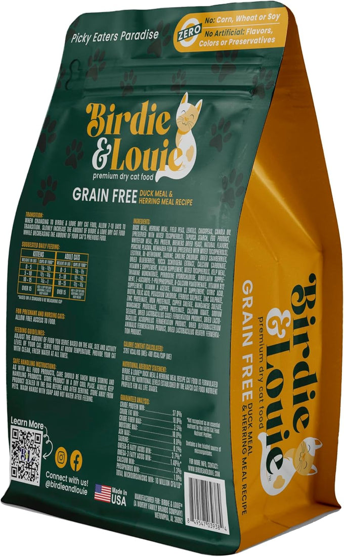 Birdie and Louie Dry Cat Food Duck Meal & Herring Meal Recipe, Grain-Free, Made in USA, 3.5 Lb Easy Seal Bag