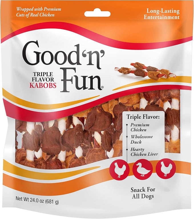 Good 'n' Fun Triple Flavor Kabobs Dog Chews, 24 Ounces, Beef Hide, Chicken, Pork Hide, Duck, Chicken Liver