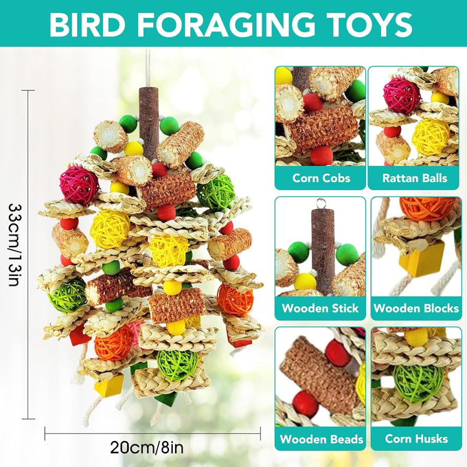 Natural Parrot Chew Toy for Conures, Quaker Parrots, with Seagrass, Corn Cob, and Wooden Beads