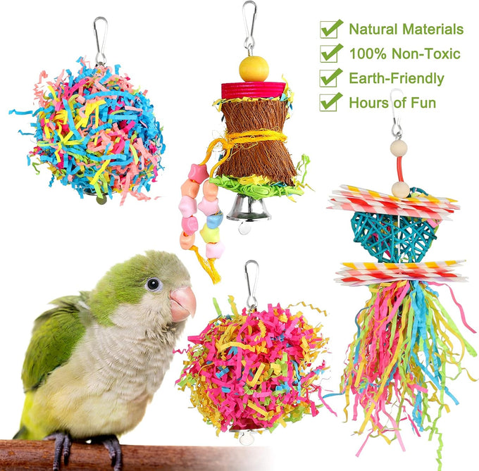 Yuepet 4-pack small parrot chewing toys with natural components, crinkle shred, and colorful beads for parakeets, parrotlets, lovebirds, and cockatiels