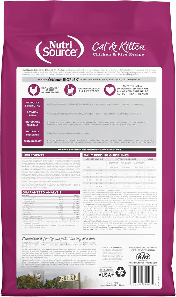 NutriSource grain inclusive dry cat food, 12LB chicken and rice recipe for all life stages