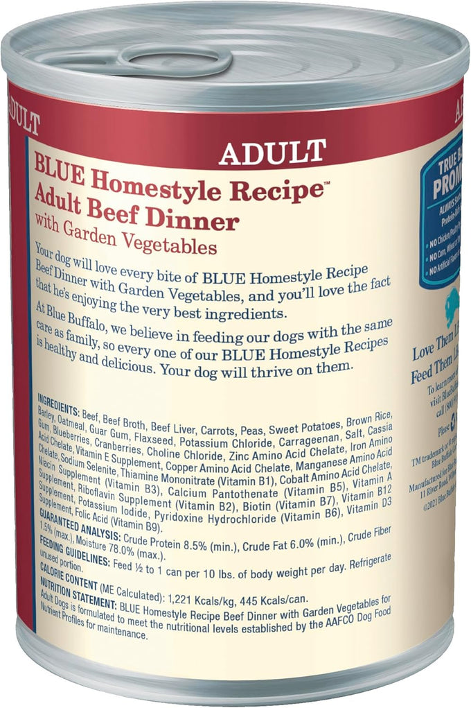 Blue Buffalo Homestyle Recipe Adult Wet Dog Food, Made with Natural Ingredients, Beef Dinner with Garden Vegetables, 12.5-oz Cans (12 Count)