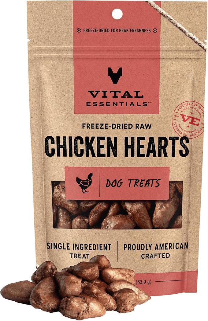 vital essentials freeze dried raw chicken heart dog treats single ingredient premium quality grain free 1.9 oz bag