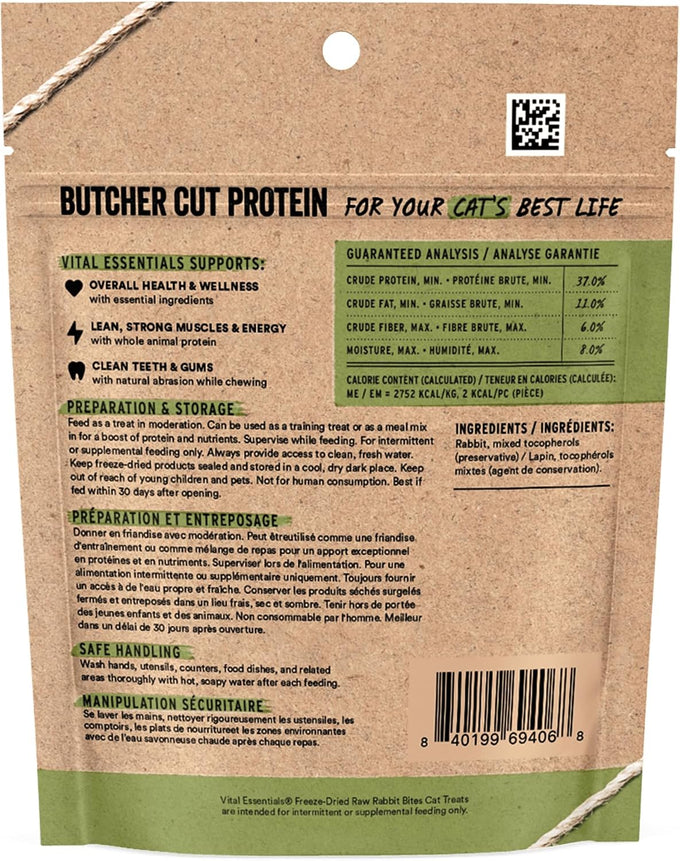 Vital Essentials freeze-dried rabbit cat treats, single protein, grain free, crunchy, 0.9 oz bag, premium quality