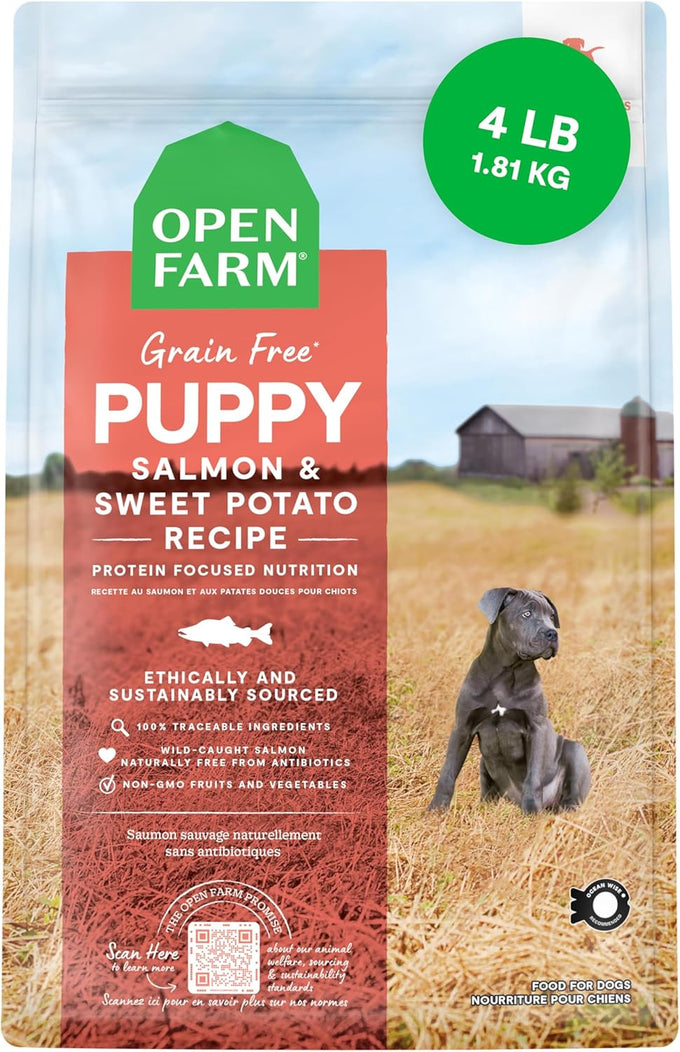 Open Farm grain-free dry dog food for puppies, salmon and sweet potato recipe, 4lb bag with non-gmo veggies and superfoods