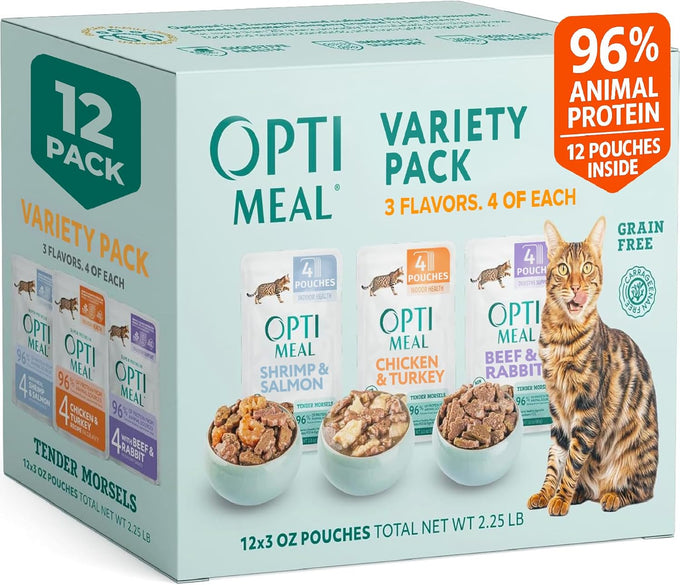 Optimeal 3oz grain free adult cat food wet pouches, high protein premium nutrition with natural European ingredients in savory gravy, pack of 12