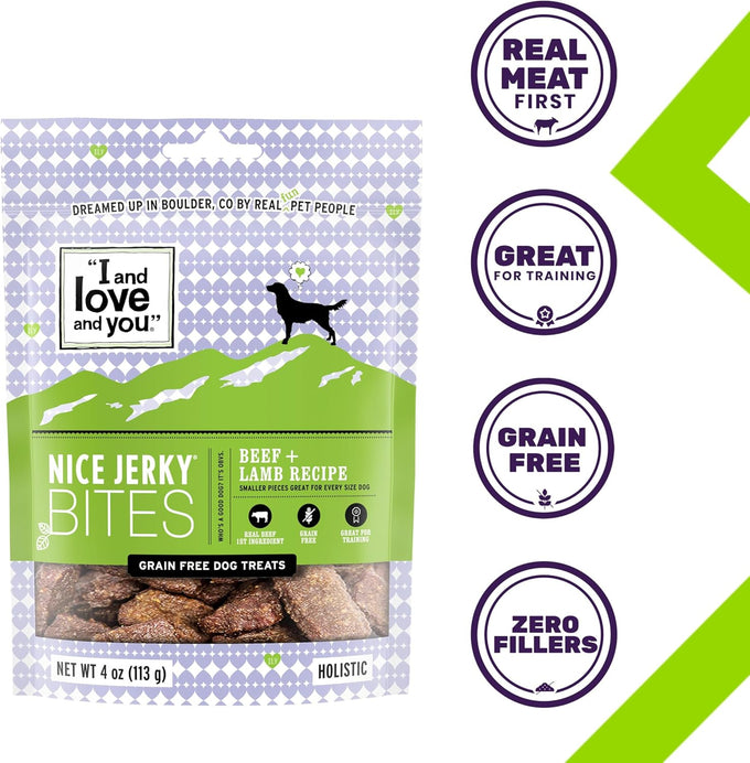 I and love and you Nice Jerky Bites, 4oz Grain-Free Soft & Chewy Dog Treats with Real Beef & Pasture-Raised Lamb, Ideal for Training & Protein Boost, Filler-Free Formula.