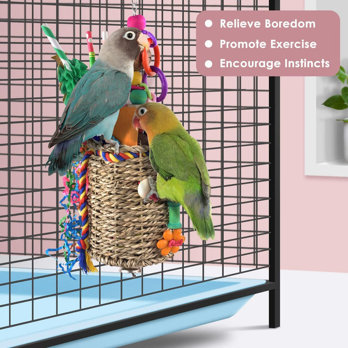 Katumo seagrass foraging bird toys for parakeets, cockatiels, conures, parrots with natural materials and hook attachment