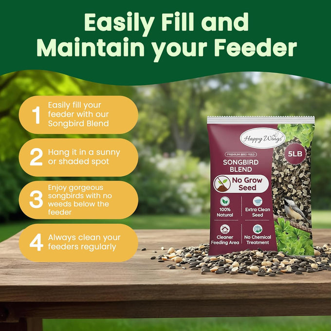 Happy Wings 5lb No Grow Songbird Bird Seed Mix with Sunflower, Safflower & Peanuts for Outside Feeders