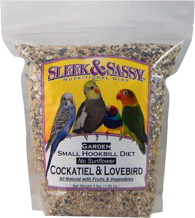 Sleek & Sassy 4 lbs no sunflower bird food for lovebirds, cockatiels, quaker parrots, and small conures with all natural ingredients