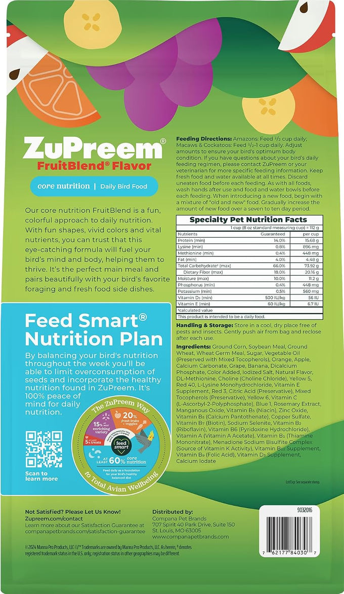 ZuPreem FruitBlend Bird Pellets, Daily Food for Large Birds, Made in USA, Pellets for Macaws and Amazons (3.5 lbs)
