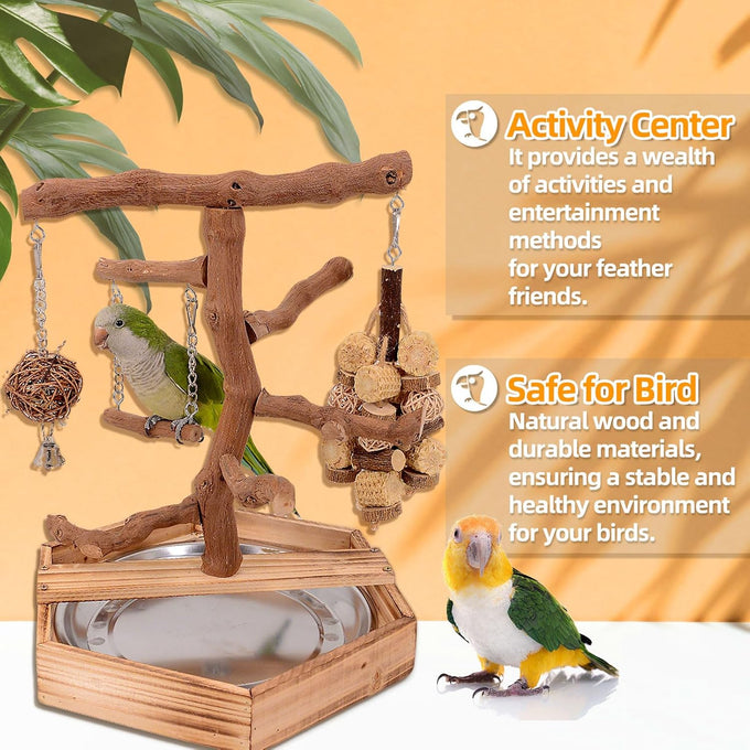 limio natural grape wood bird parakeet perch stand with toys for small birds