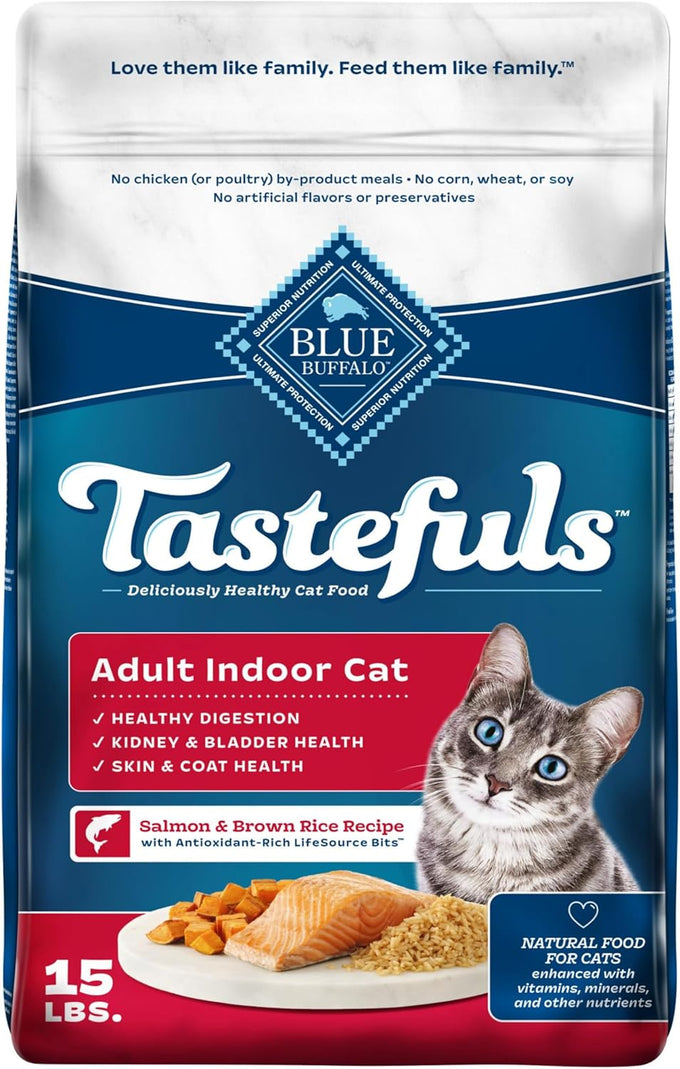 Blue Buffalo Tastefuls Natural Dry Food for Adult Indoor Cats, Salmon & Brown Rice Recipe, 15-lb Bag