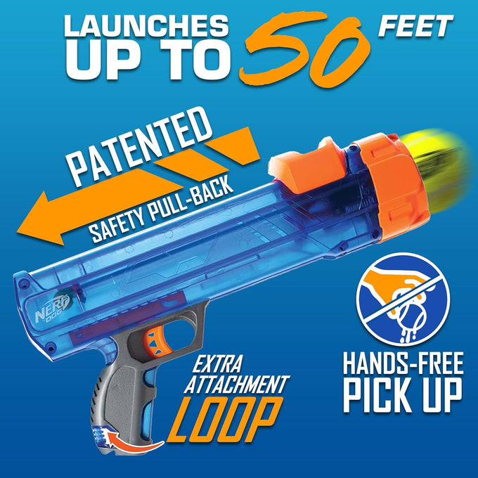 Nerf Dog Tennis Ball Blaster Dog Toy Gift Set, launches up to 50 ft, translucent blue, for all breeds
