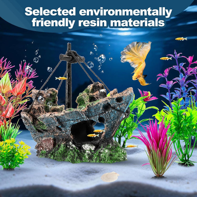 8Pcs Fish Tank Decorations Set - Sunken Ship, Resin Material, Aquarium Accessories for Freshwater or Saltwater Environments