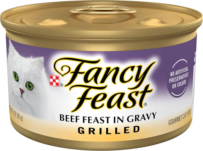 Purina Fancy Feast Grilled Wet Cat Food Beef Feast in Savory Wet Cat Food Gravy - 3 oz. Cans (Pack of 24)