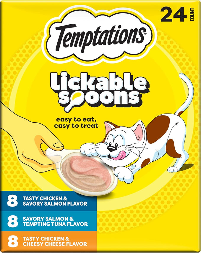 Temptations lickable cat treats, variety pack, 24 spoons, soft, adult wet, mess-free puree