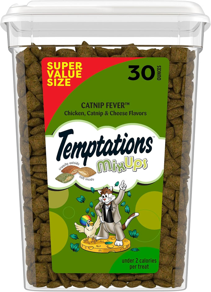 Temptations cat treats, 30 oz. tub, crunchy and soft, catnip fever flavor, low calorie, adult cat