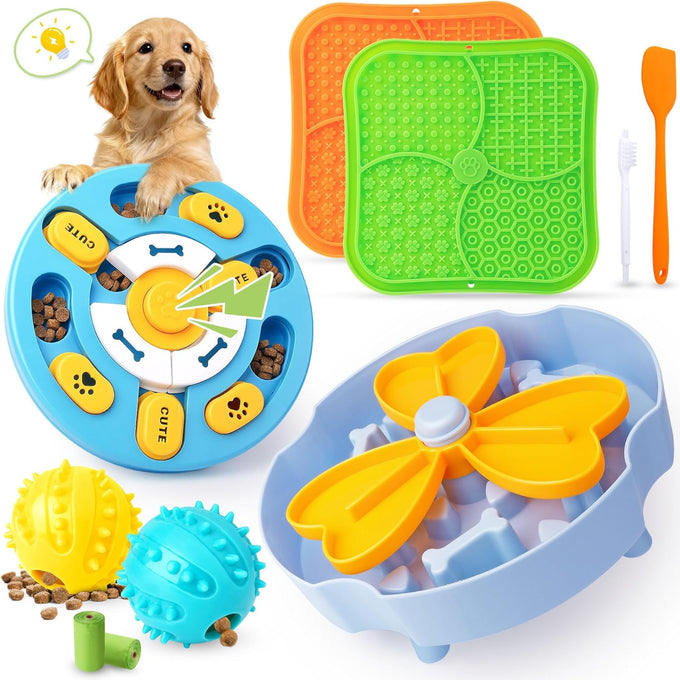 Forfon 9-pack dog puzzle toy set with lick mats, treat balls, and silicone spatula for small to medium smart dogs.