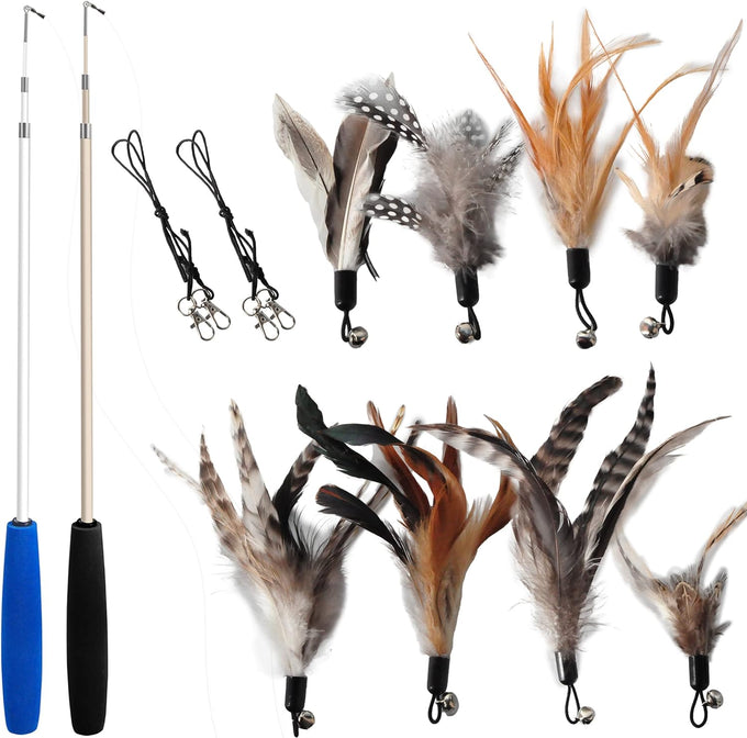 No Chemical Dyeing Cat Feather Toys - Includes Cat Wand and Natural Feather Refills for Indoor Cats - Safe and Eco-Friendly