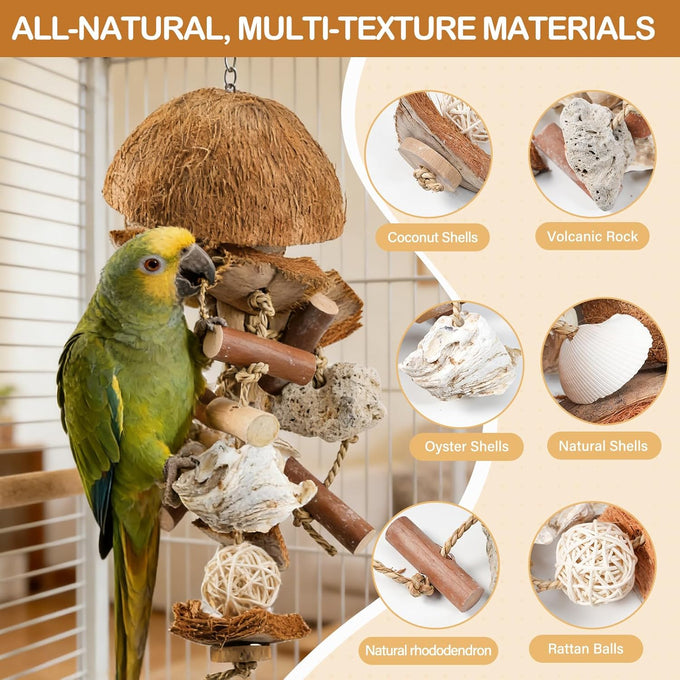 natural bird toys for parrots - handmade coconut shell shredding toy for sun conures conures caiques cockatiels