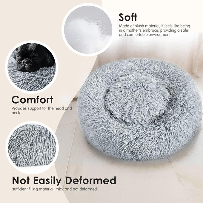 Hoewina 20in light grey donut bed for indoor cats and small dogs, washable, plush, waterproof, anti-slip