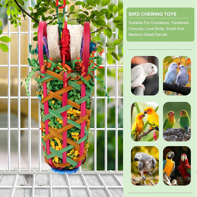 Kyouki parakeets toys, 2PCS bird chewing toys for cockatoos, conures, love birds and small parrots with natural materials, vibrant colors and easy-hang design