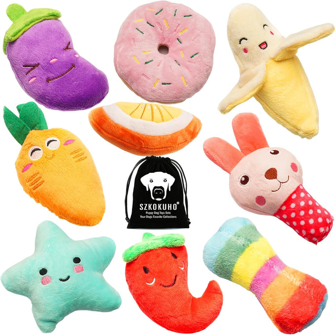SZKOKUHO 9 Pack Small Dog Squeaky Plush Toys, variety colors, cute designs for puppies and small dogs