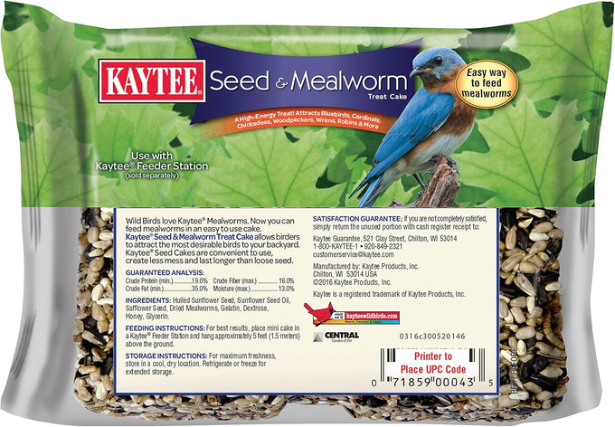 Kaytee 6-Ounce Wild Bird Seed & Mealworm Seed Treat Cake, Bluebird, Chickadee, Woodpecker, High-Protein Food