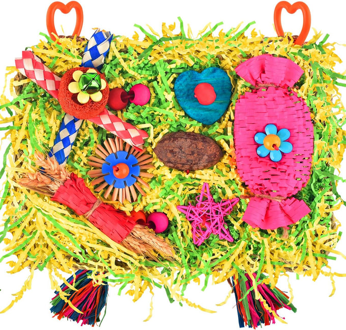 KATUMO Large-Sized Grass Mat with Colorful Parrot Foraging Shredder Hanging Toys for Conure Birds