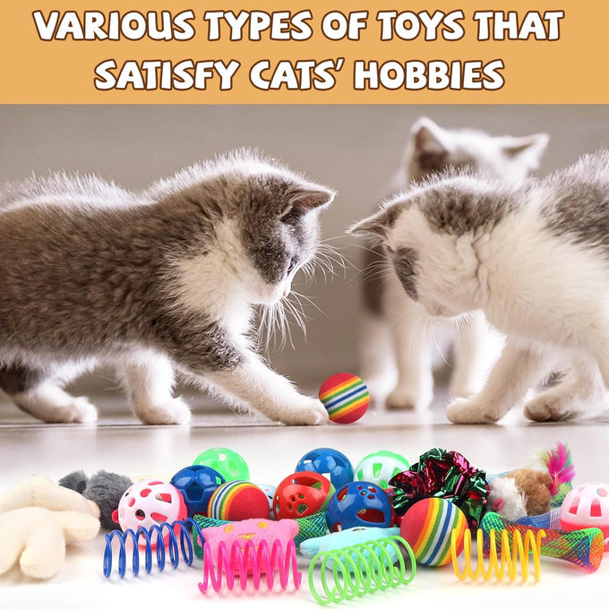 Quozuo 30 pc cat toy set, interactive kitten toy wand, cat balls with bells, non-toxic safe gift box