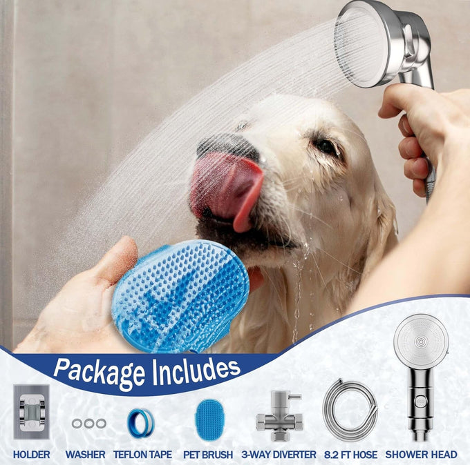 dog shower attachment for convenient dog bath, 3-mode high pressure handheld dog shower head with 8.2-foot hose and dog brush