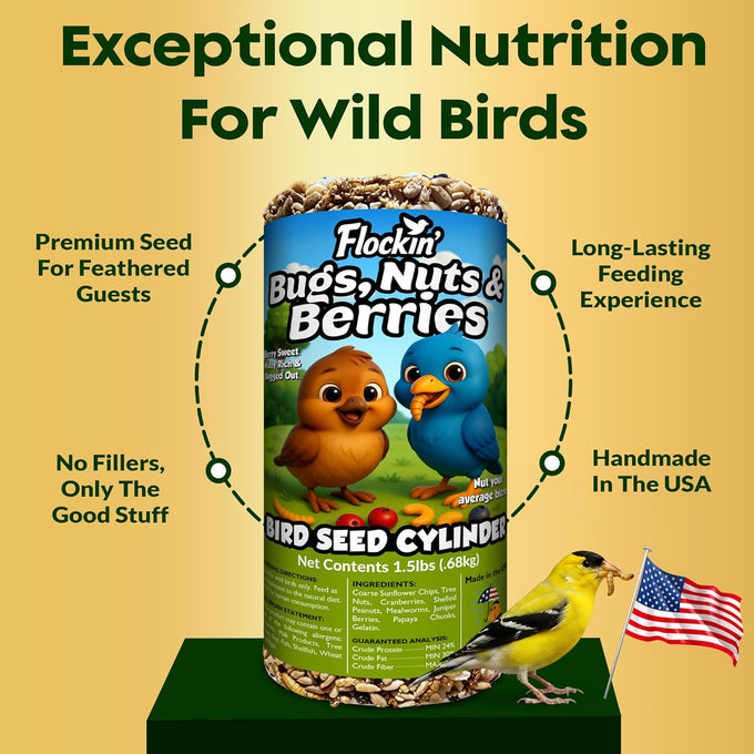 4 inch x 7.75 inch Flockin' Bugs Nuts and Berries Bird Seed Cylinders with Hole for Blue Birds and Woodpeckers