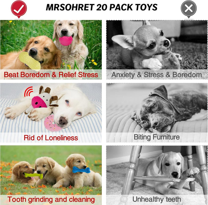 mrsohret 20pcs puppy chew toys for teething dog rope treat balls plush squeaky toys for small medium dogs