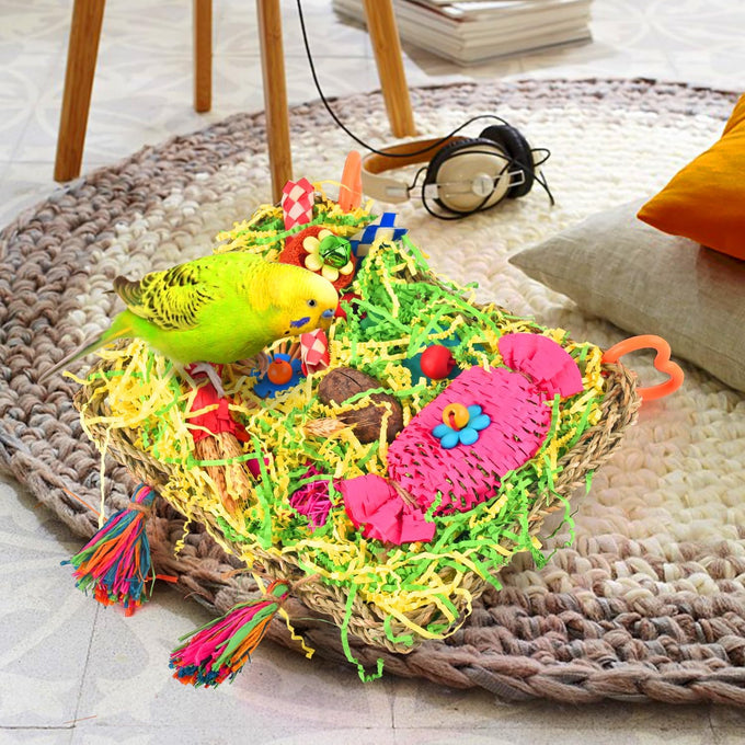KATUMO Large-Sized Grass Mat with Colorful Parrot Foraging Shredder Hanging Toys for Conure Birds