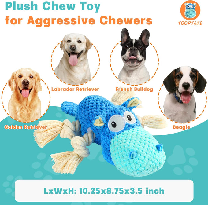 Tooptate blue medium dog toys for aggressive chewers, squeaky plush interactive toys for large dogs