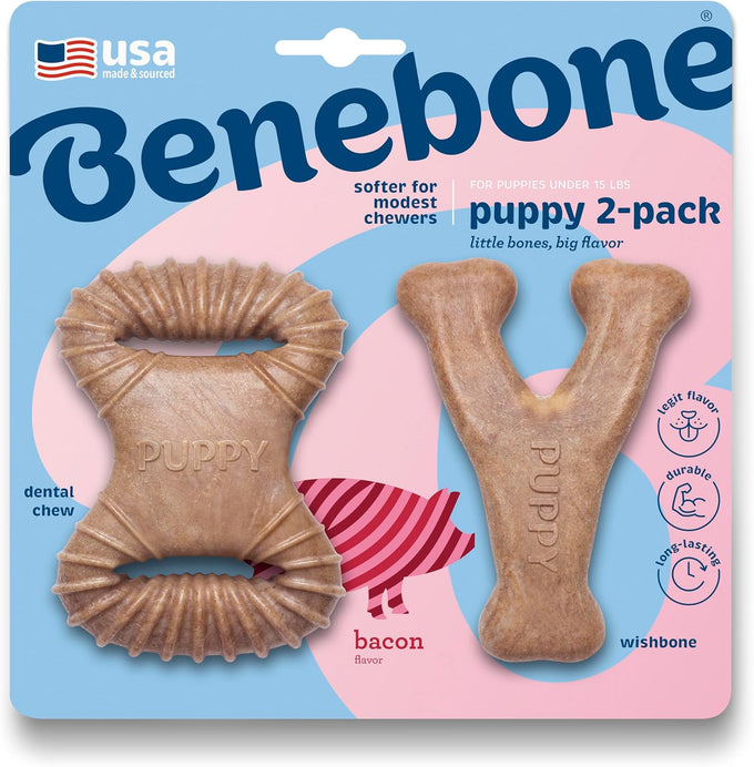 Benebone puppy 2-pack dental chews with real bacon flavor, made in usa, gentle on little teeth