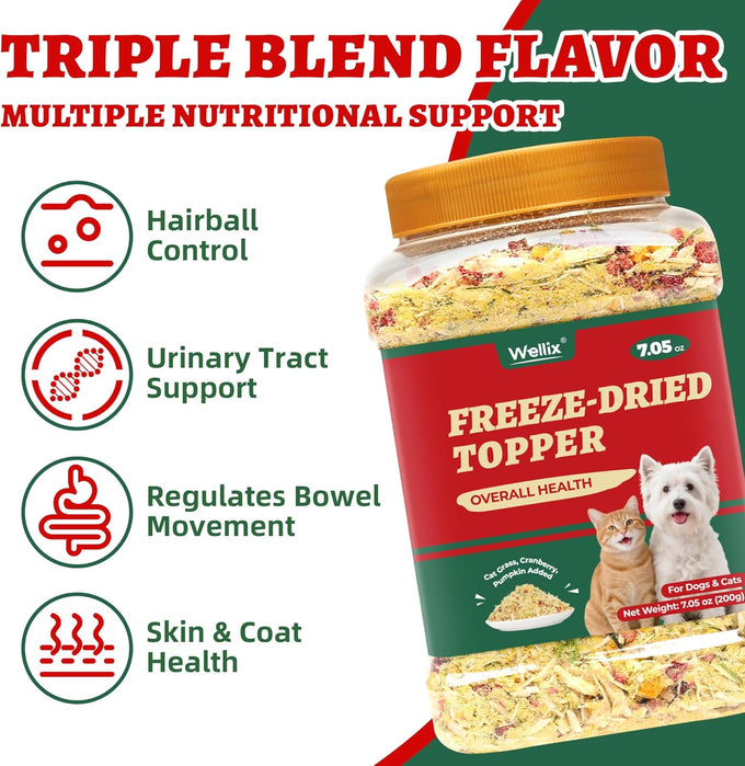 Wellix Pet Freeze Dried Treats High Protein Cat & Dog Food Topper 7.05oz 3 Ingredients Cat Grass Cranberry Pumpkin