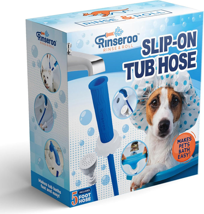 rinseroo slip-on bathtub faucet sprayer attachment for tub spout, ultra-flex dog shower hose adapter, 5 foot hose