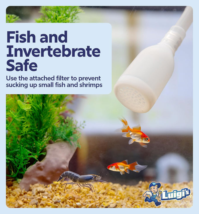 Luigi's Aquarium Gravel Vacuum for Water Changes and Cleaning - Hand Siphon Hose with Filter - Turtle Tank Accessories