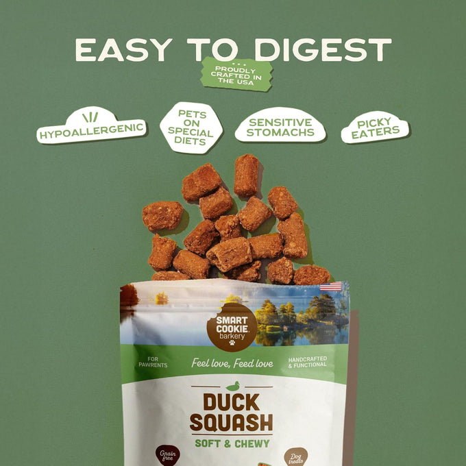 Smart Cookie All Natural Soft Dog Treats: Duck & Squash Grain Free Training Treats, Human-Grade, Made in USA, 5oz Bag