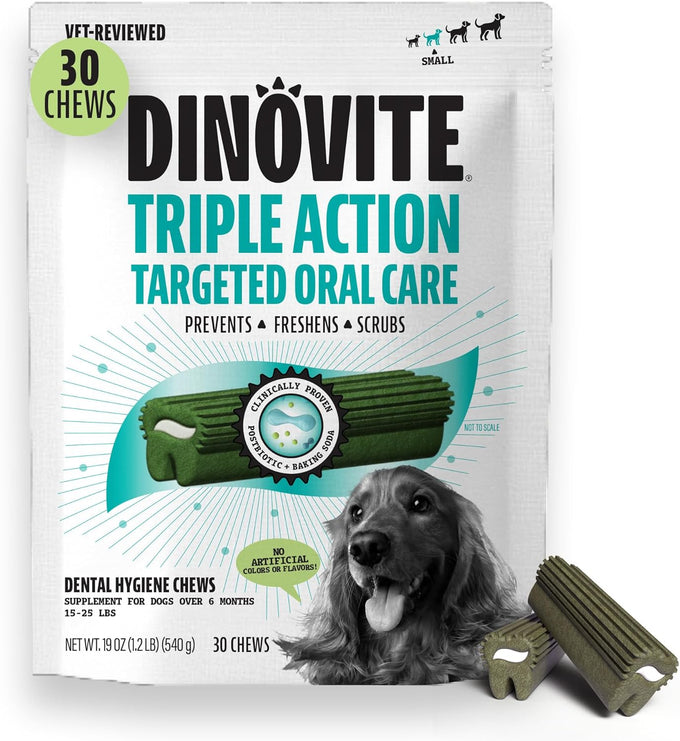 Dinovite Triple Action Dental Chews for Small Breeds, Clinically Proven to Prevent Plaque & Tartar, Fresh Mint Flavor, 30 Count, Made in USA