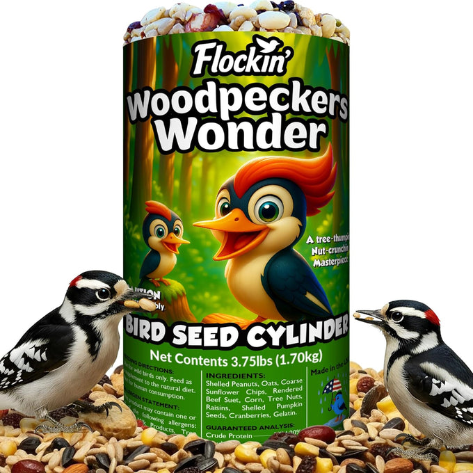 Woodpecker bird seed cylinders with hole – premium woodpecker food blend, USA made, 4" x 7.75"