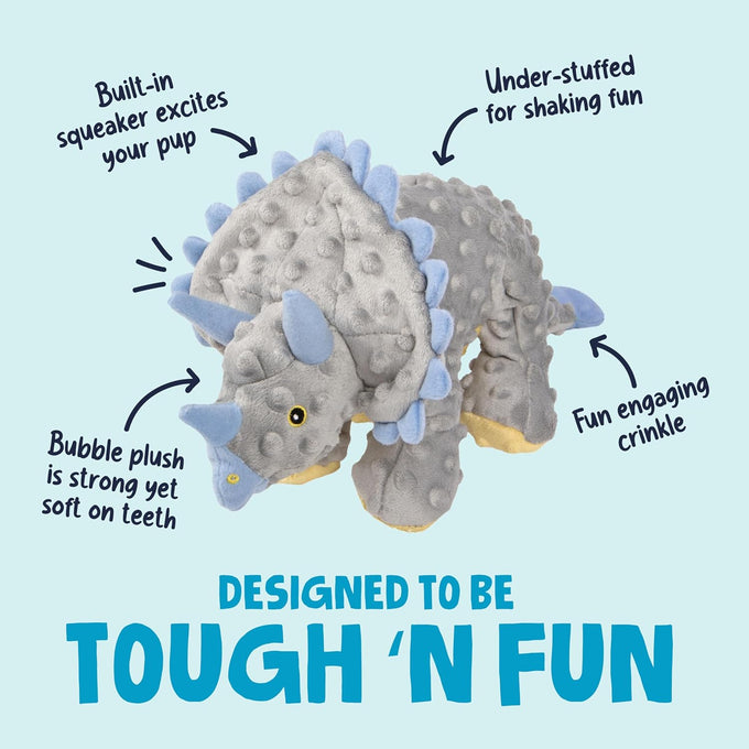 goDog Dinos Frills Squeaky Plush Dog Toy with Chew Guard Technology, durable fabric, for active play, gray, large