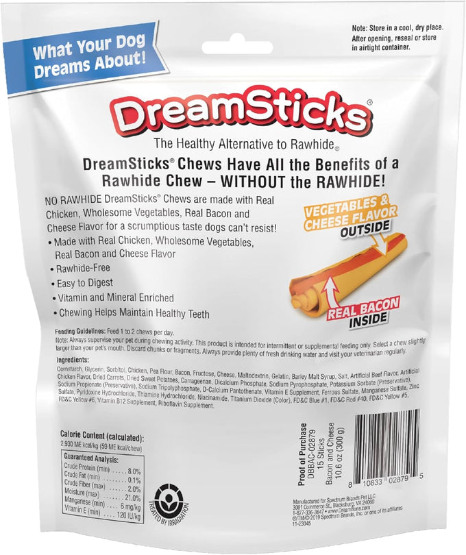 DreamBone DreamSticks with Real Bacon and Cheese Flavor Chews, 15 Rawhide-Free Dog Sticks for Healthy Teeth