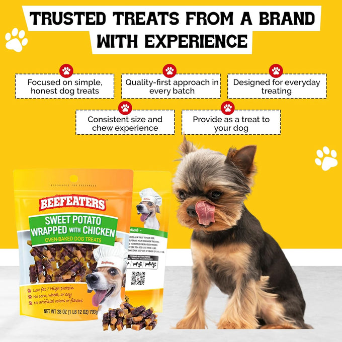 Beefeaters sweet potato chews 28 oz resealable bag rawhide-free jerky chews grain-free dog treats no corn wheat gluten