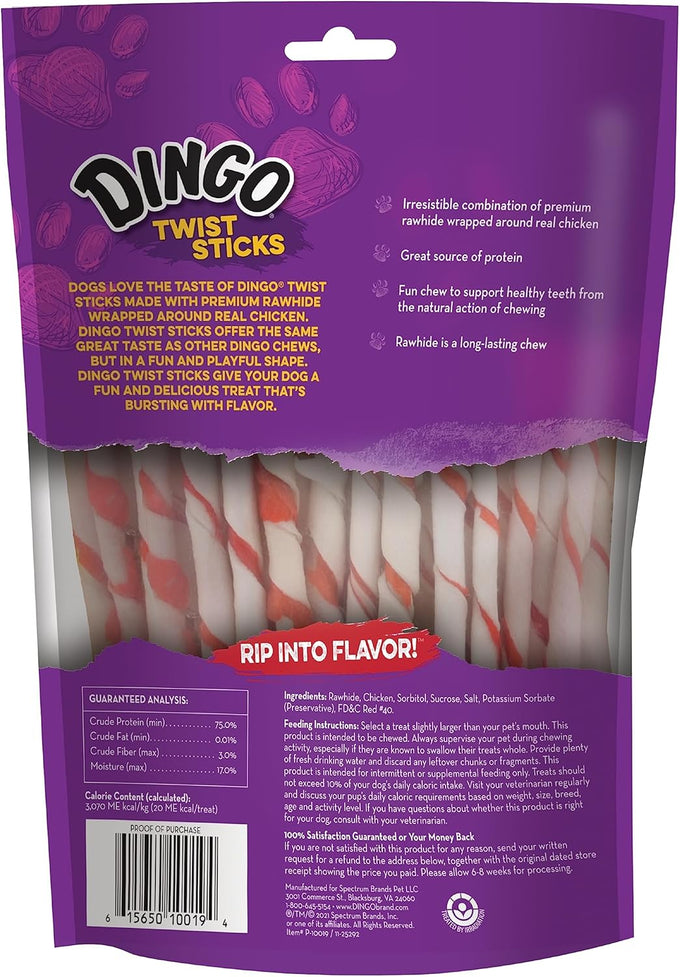 Dingo Twist Sticks Rawhide Chews for Dogs, Made with Real Chicken, 50 Count, Great for All Sizes