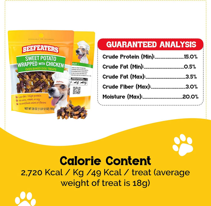 Beefeaters sweet potato chews 28 oz resealable bag rawhide-free jerky chews grain-free dog treats no corn wheat gluten