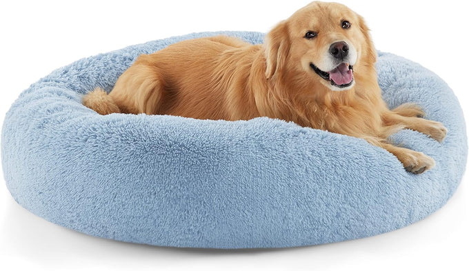 Bedsure Calming Dog Bed, 30-inch Donut Washable Medium Pet Bed, Faux Fur, Camel, 45 lbs